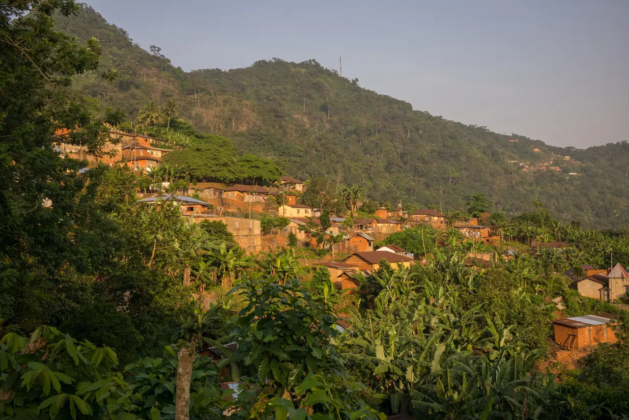 Un village accroché au flanc du massif de Kloto près de Kpalimé : toits de tôle rouge entre les manguiers, la crête boisée du mont Agou en arrière-plan
